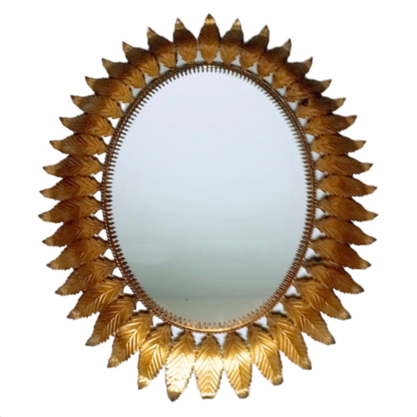 Oval Sunburst Leaf Mirror in Gold-Toned Metal, Spain, 1950s–60s