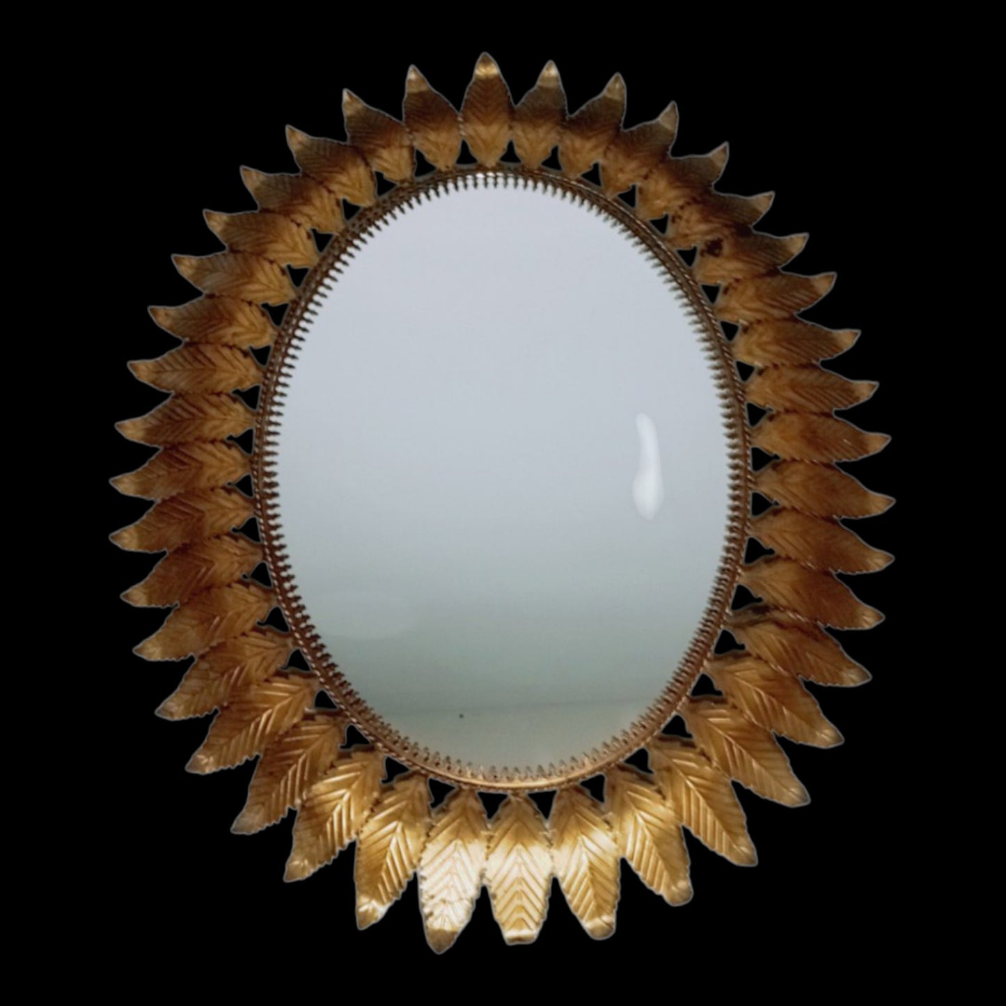 Oval Sunburst Leaf Mirror in Gold-Toned Metal, Spain, 1950s–60s