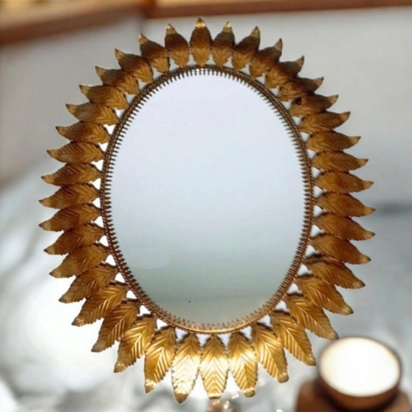 Oval Sunburst Leaf Mirror in Gold-Toned Metal, Spain, 1950s–60s