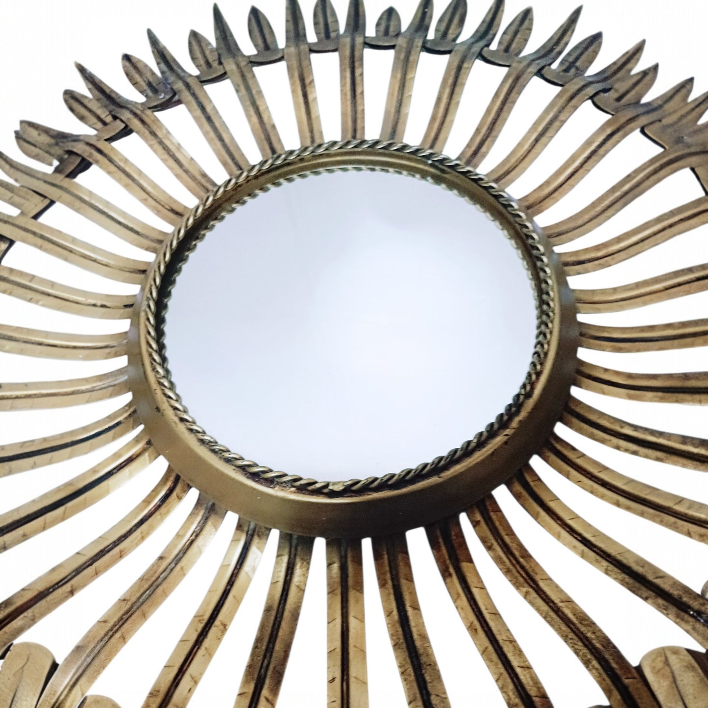 Vintage Sunburst Mirror in Gold-Toned Metal with Leaf-Tipped Rays