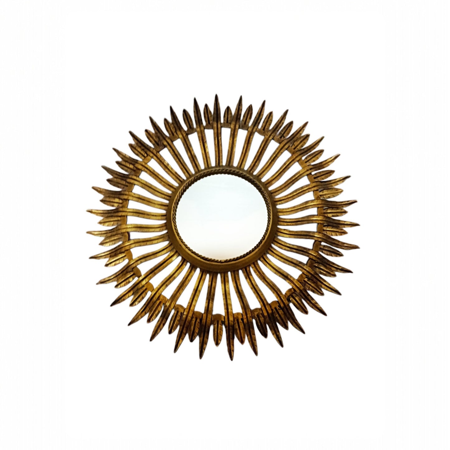 Vintage Sunburst Mirror in Gold-Toned Metal with Leaf-Tipped Rays