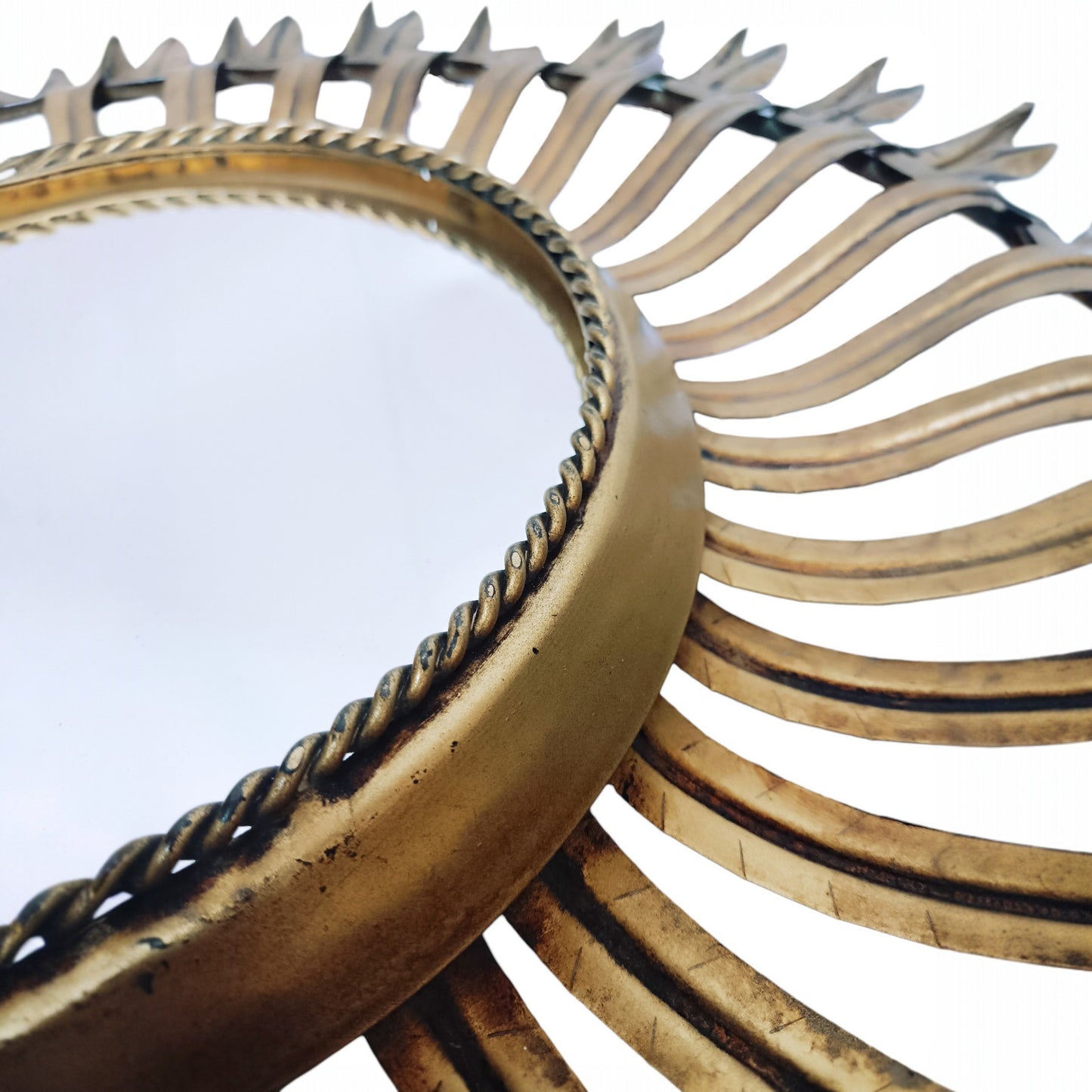Vintage Sunburst Mirror in Gold-Toned Metal with Leaf-Tipped Rays