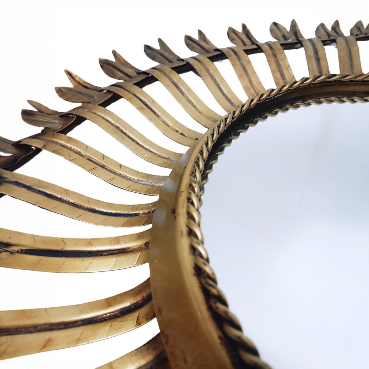 Vintage Sunburst Mirror in Gold-Toned Metal with Leaf-Tipped Rays