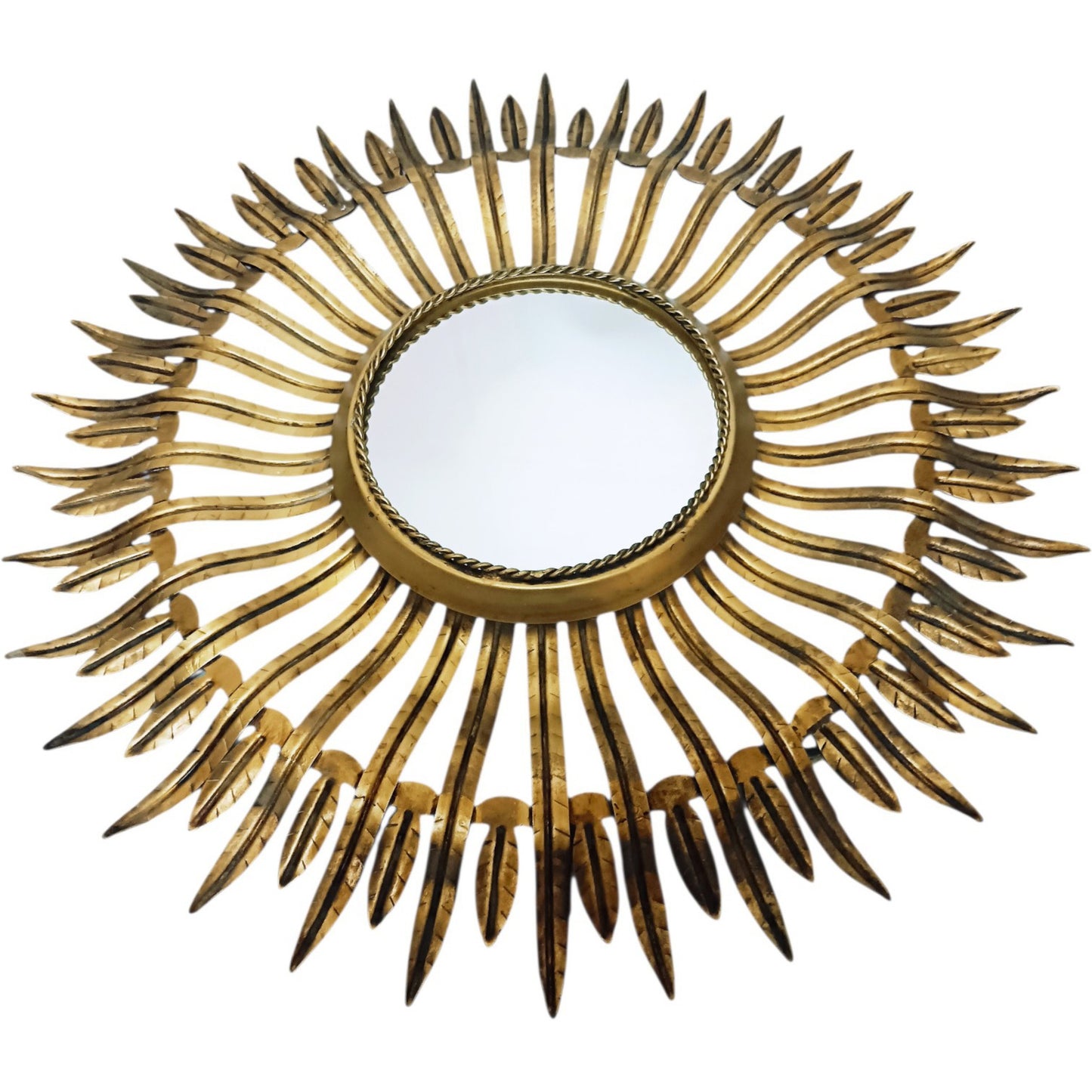 Vintage Sunburst Mirror in Gold-Toned Metal with Leaf-Tipped Rays