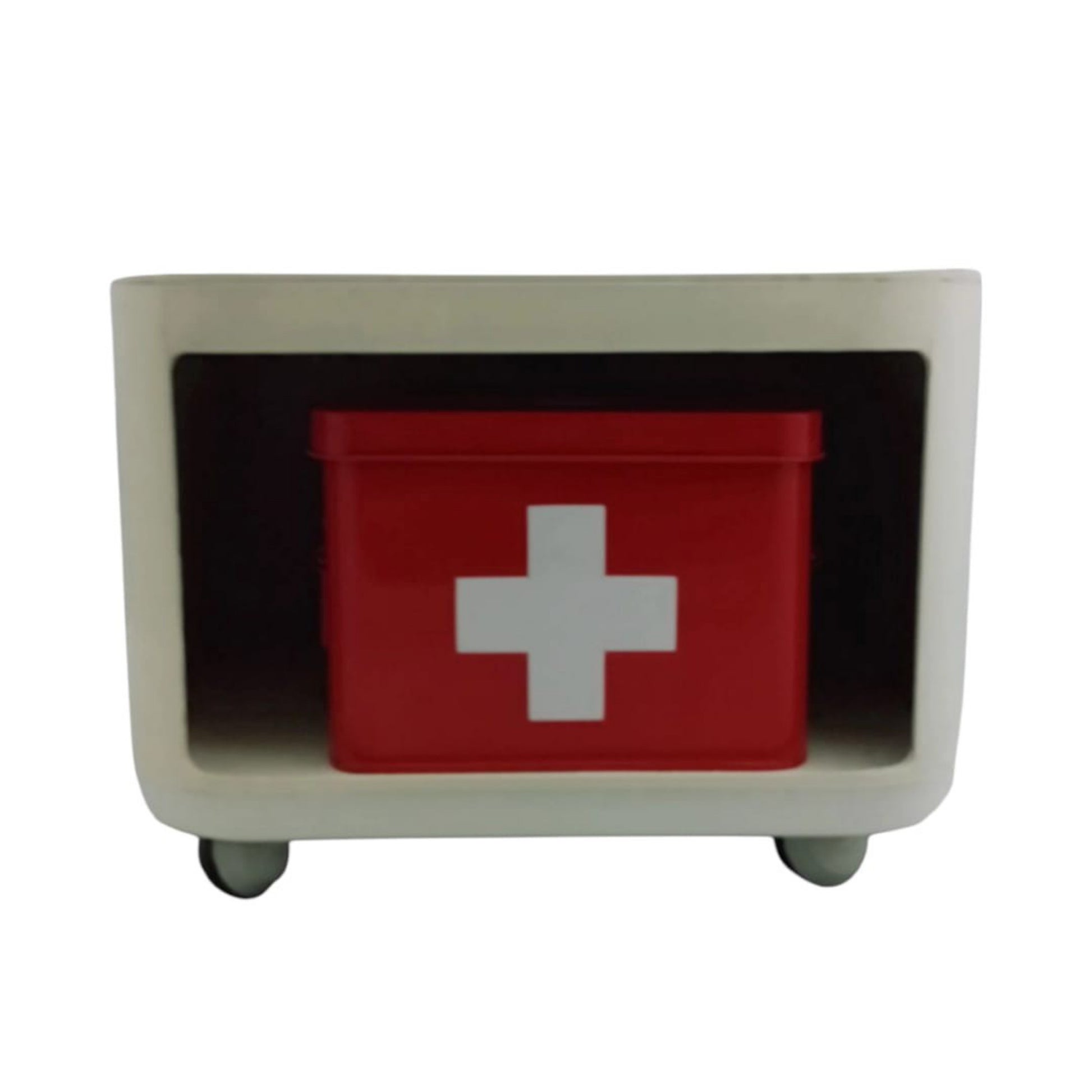 Front view of the modular storage unit with red first aid-style drawer insert