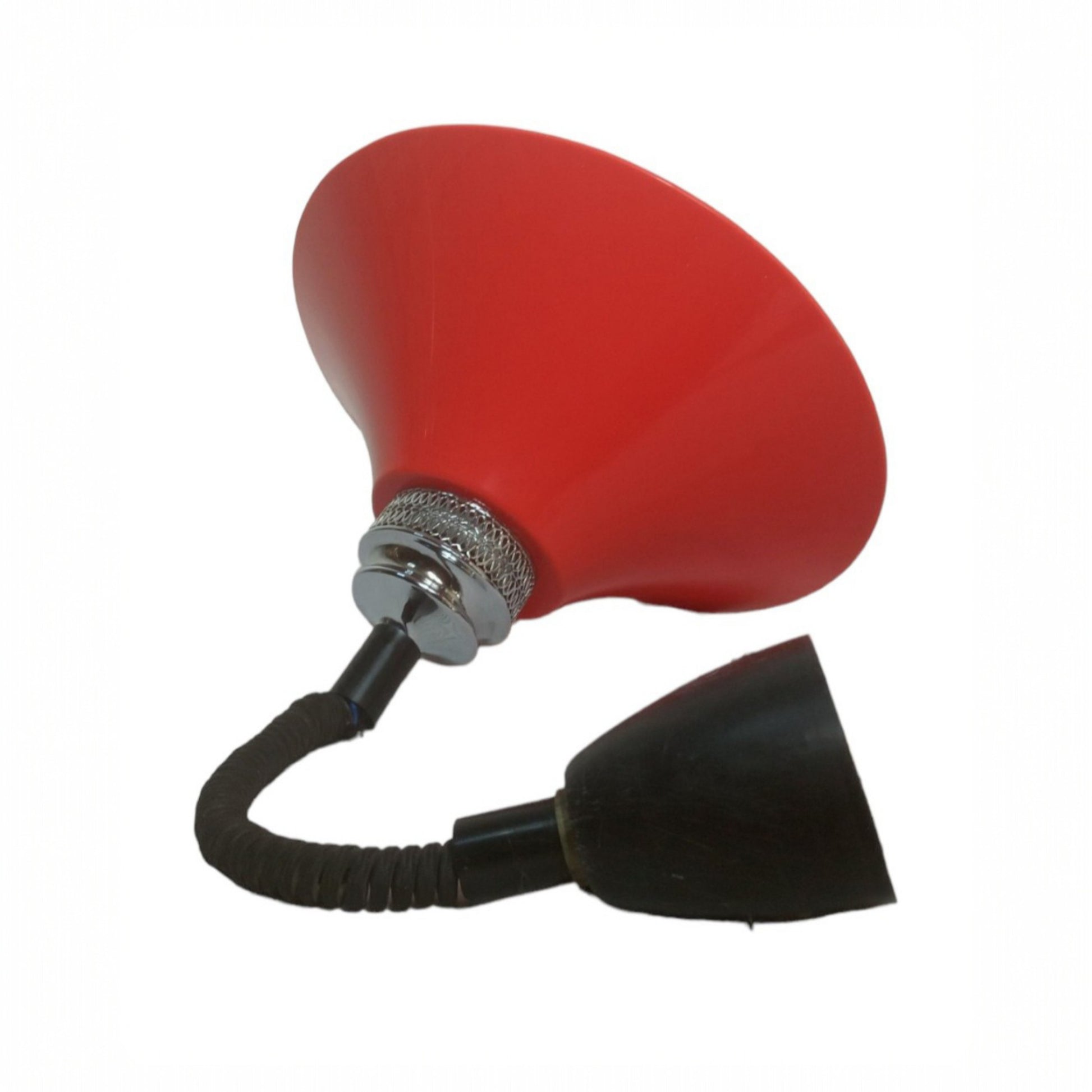 Side view of the red moulded plastic shade and adjustable suspension fitting