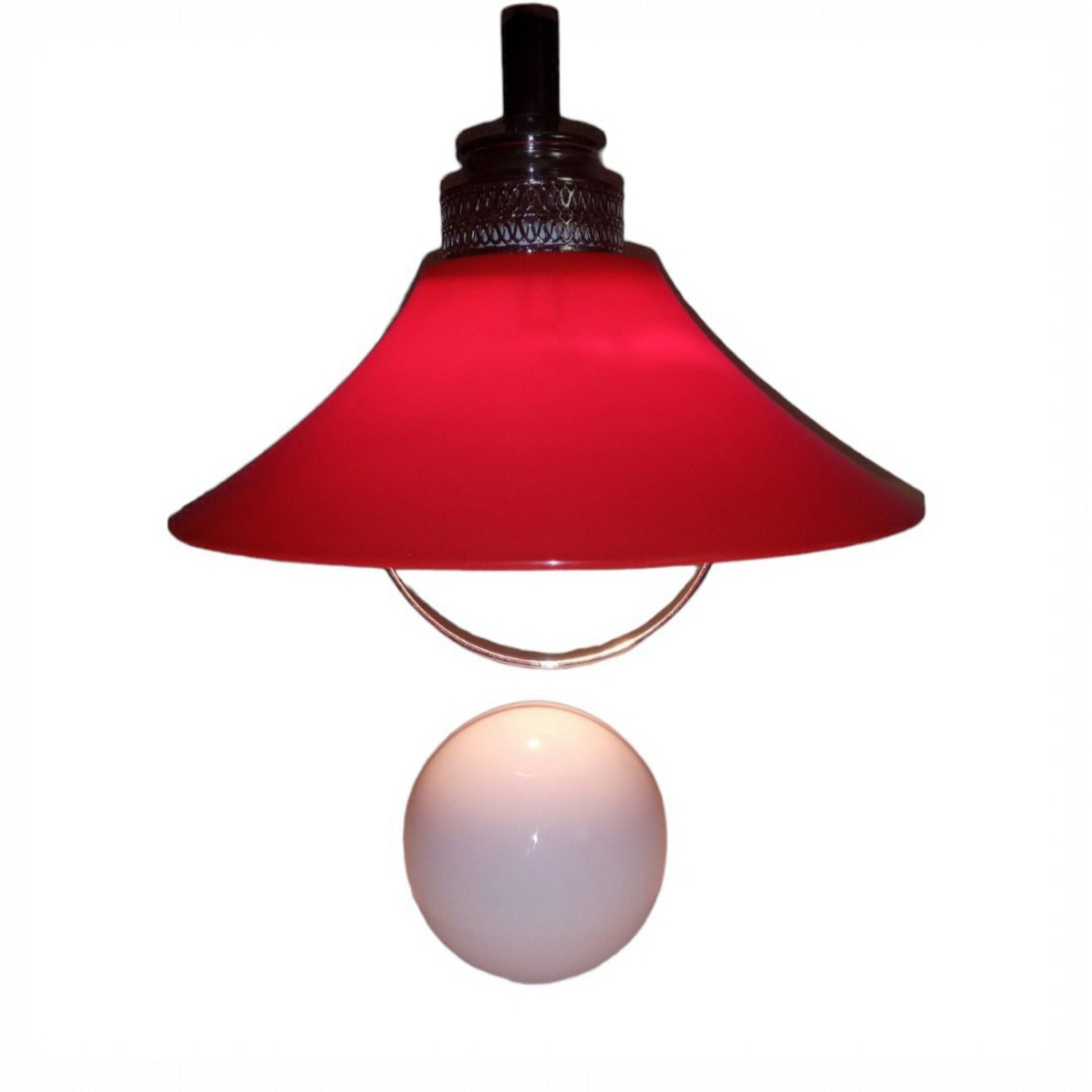 Vintage red Space Age pendant lamp with white opaline glass globe