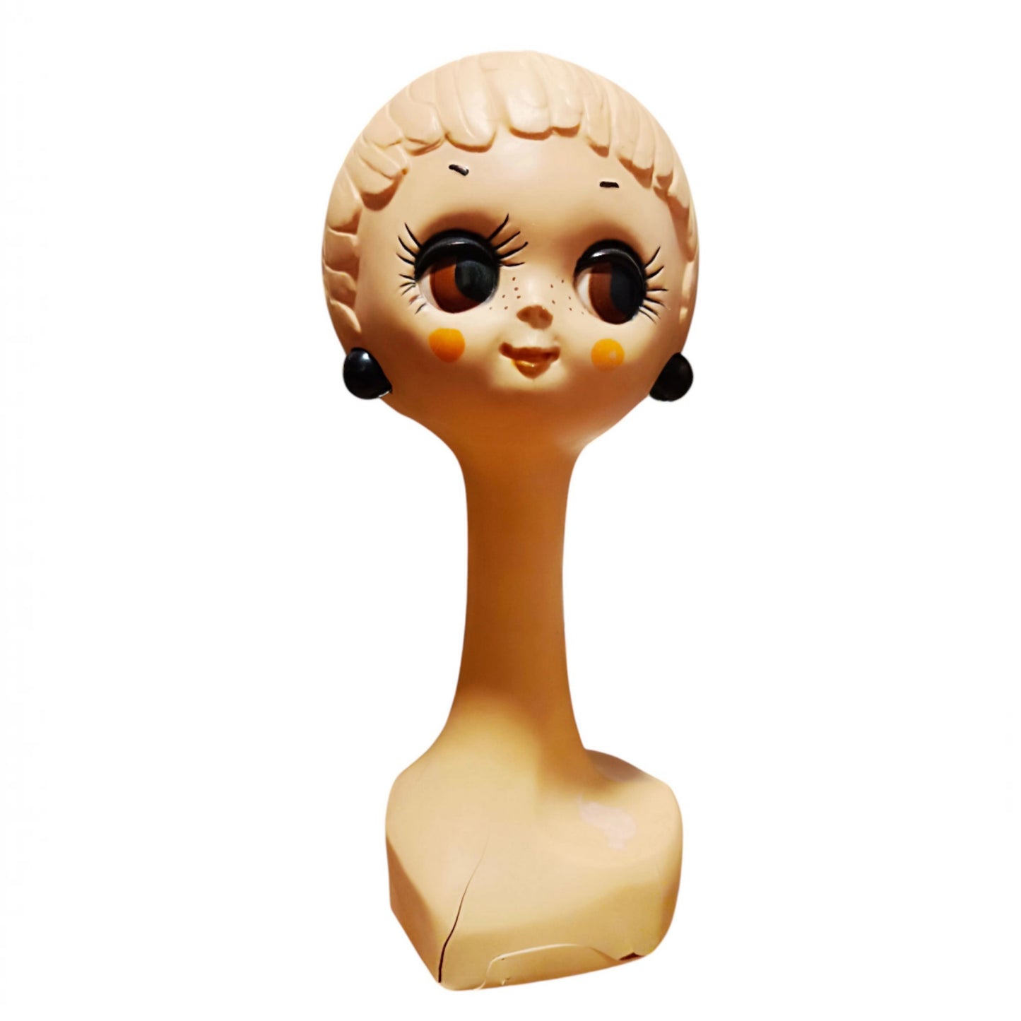 Vintage 1960s female mannequin bust in painted moulded plastic showing crack in its neck