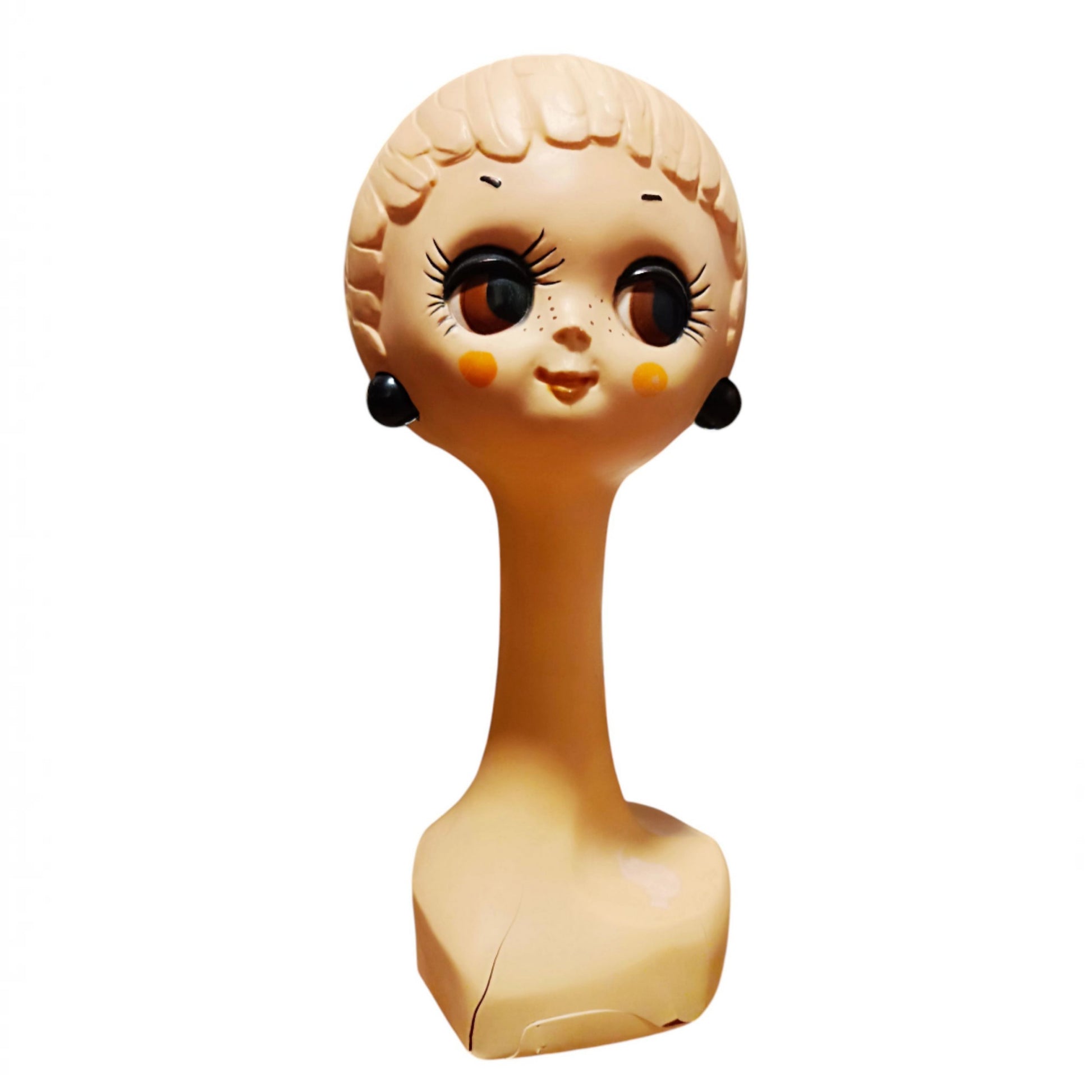Vintage 1960s female mannequin bust in painted moulded plastic showing crack in its neck