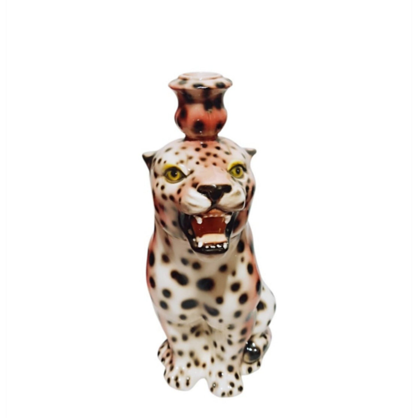Italian Porcelain Leopard Candle Holder, Mid-20th Century