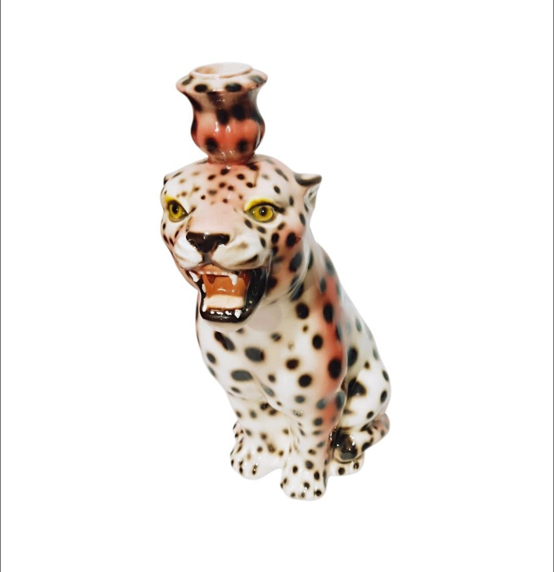 Italian Porcelain Leopard Candle Holder, Mid-20th Century