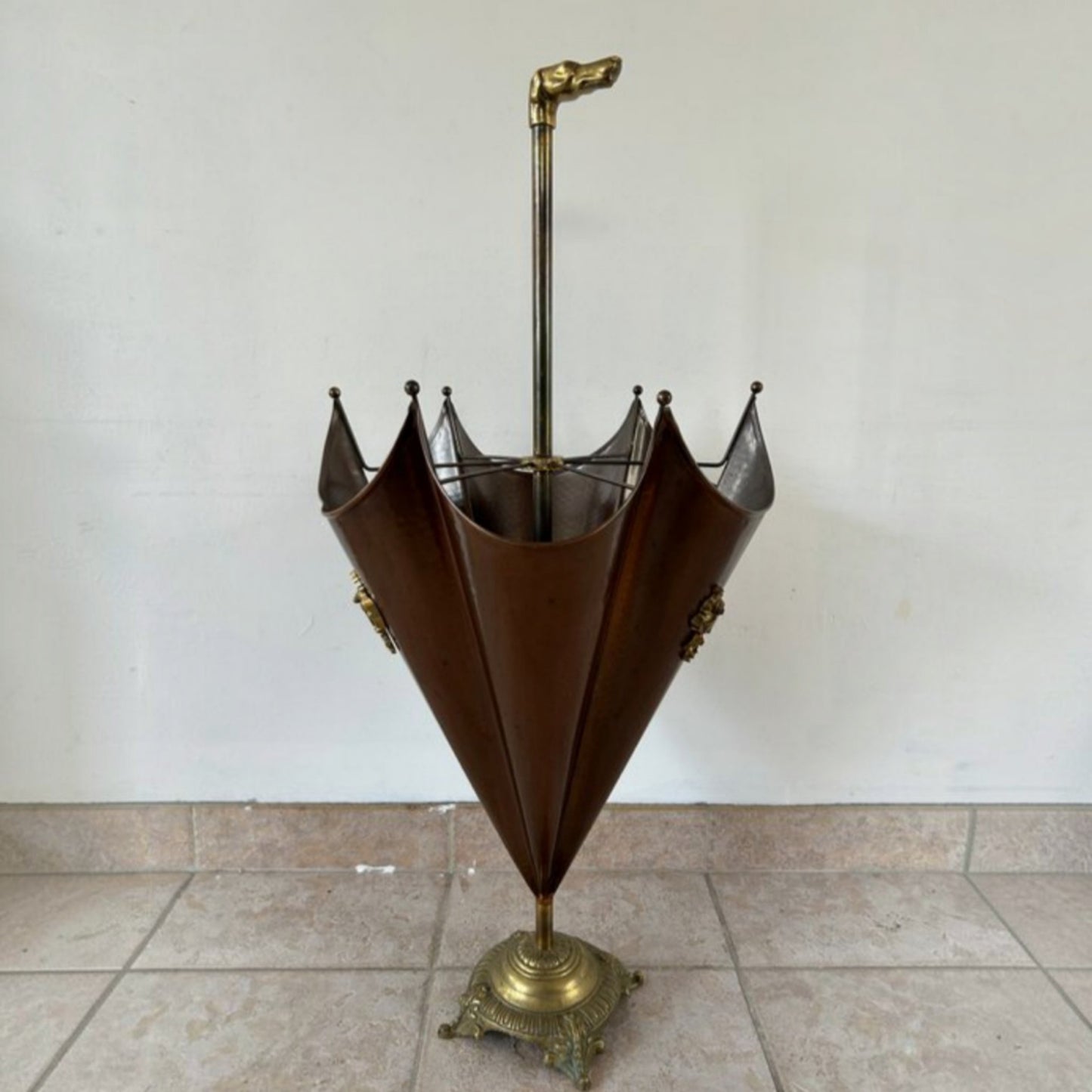 Vintage Brass and Smoked Metal Umbrella Stand, Circa 1970
