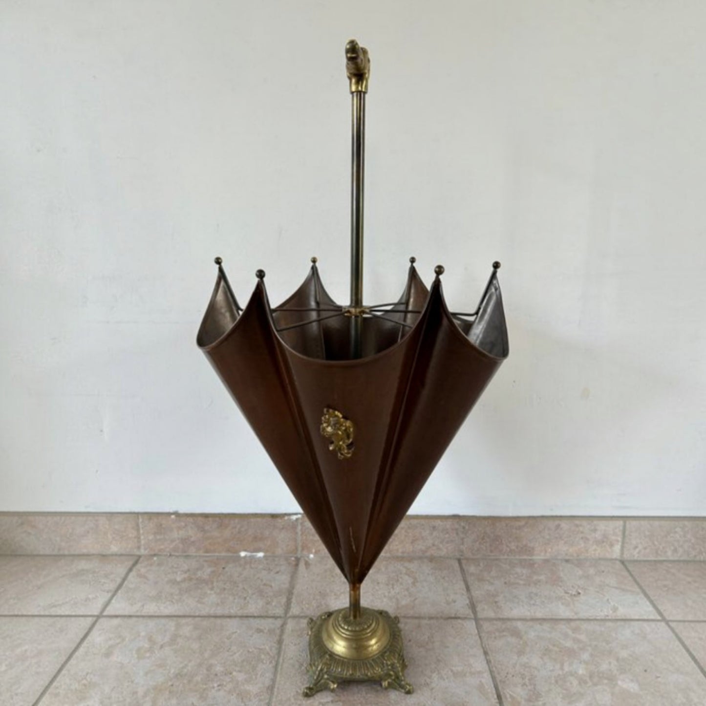 Vintage Brass and Smoked Metal Umbrella Stand, Circa 1970