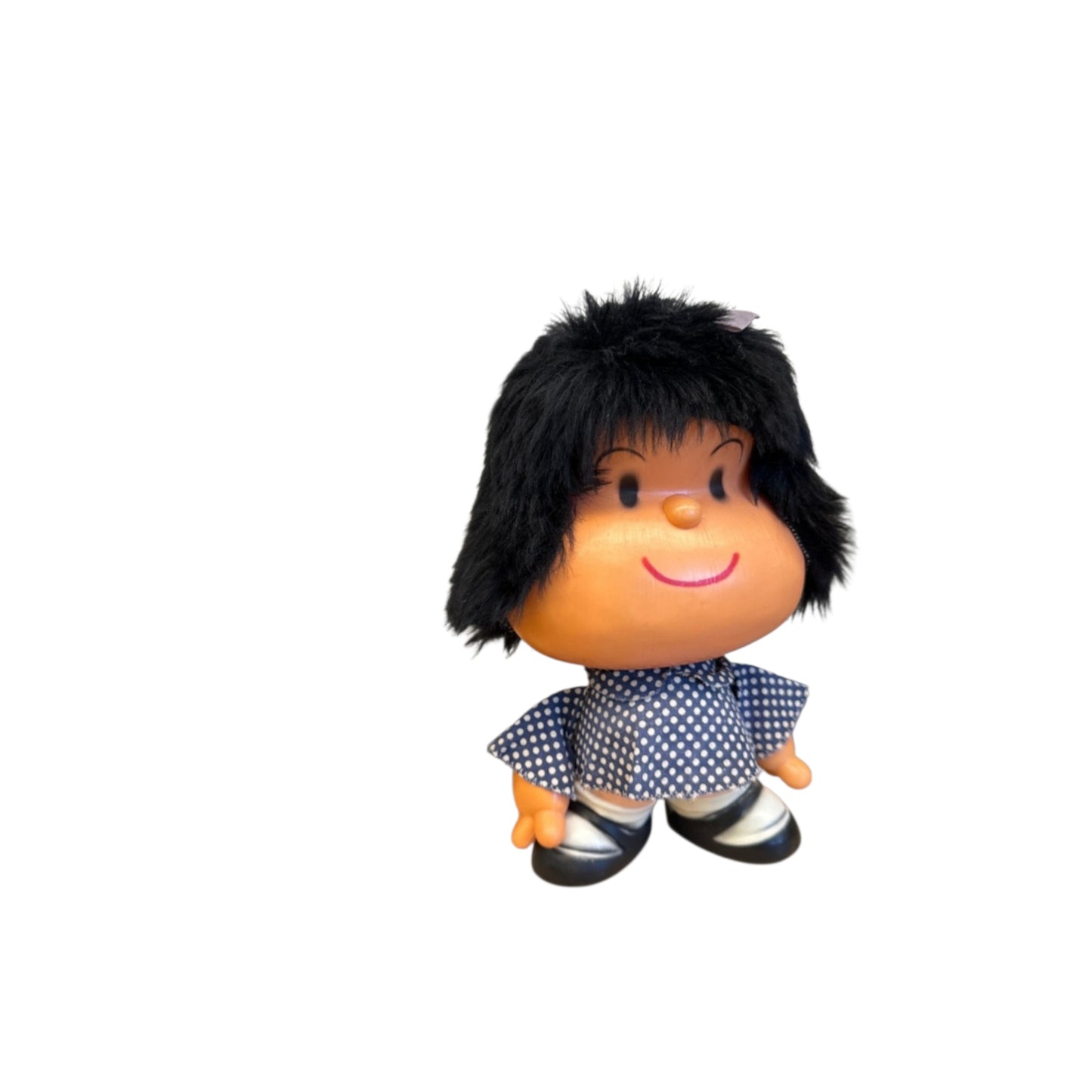 Objeto decorativo vintage Mafalda de plástico y textil. Italia, años 70.