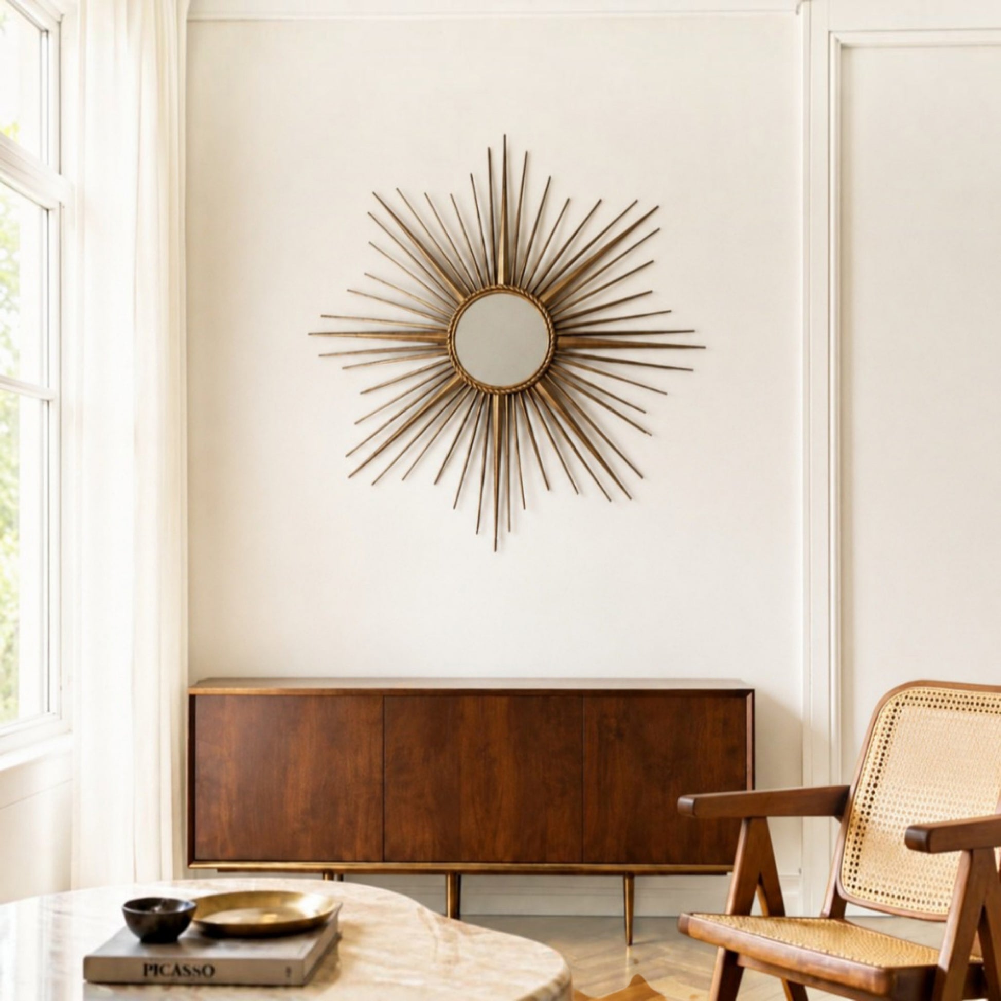 Vintage Vallauris sunburst mirror displayed in a Mid-Century Modern interior.