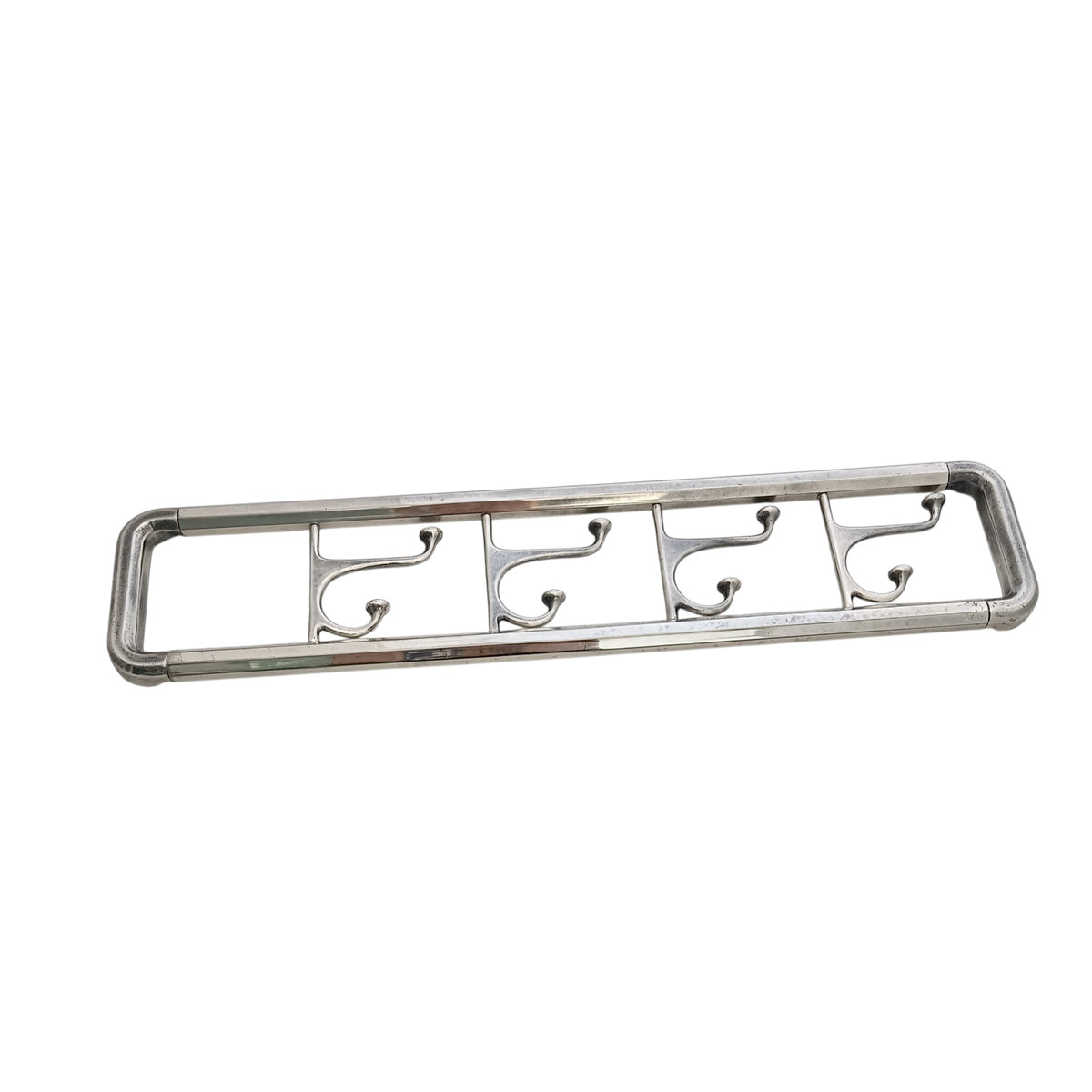 Front view of the long wall coat rack with its hooks aligned.