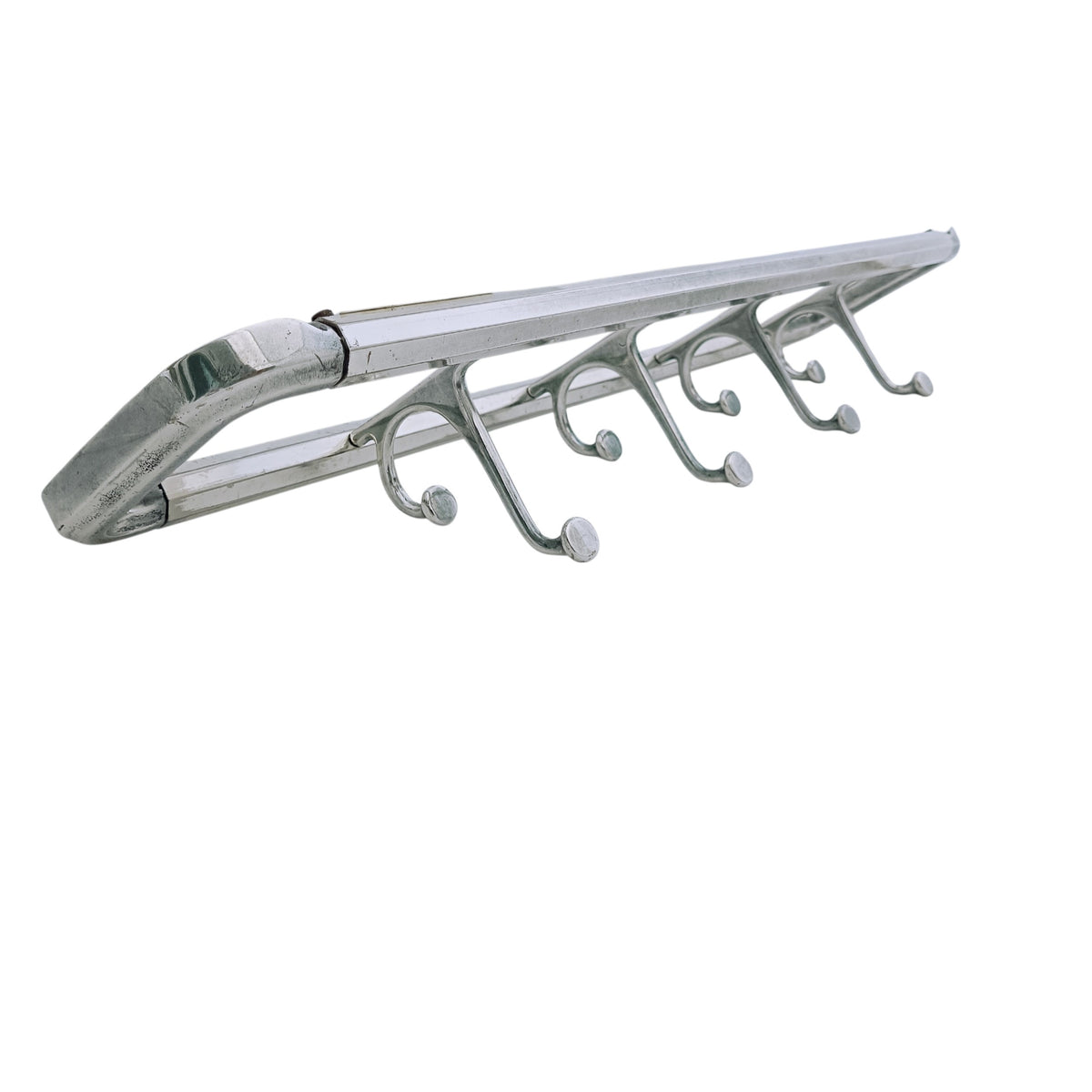 Angled side view showing the projection of the hooks from the frame.