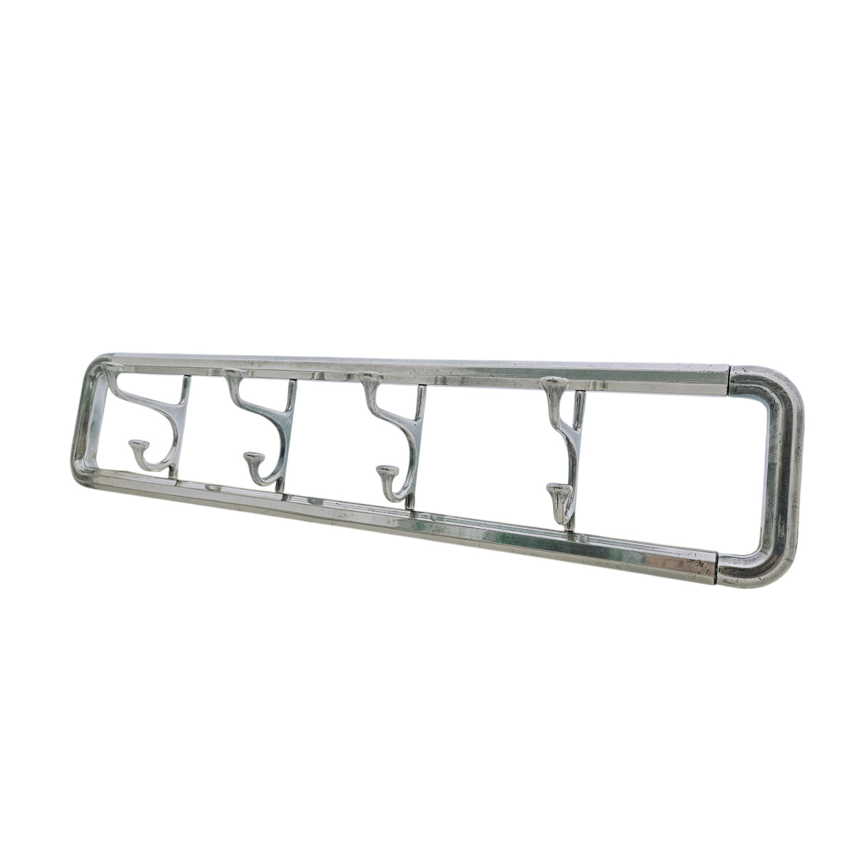 Side view of the rectangular brass frame and curved double hooks