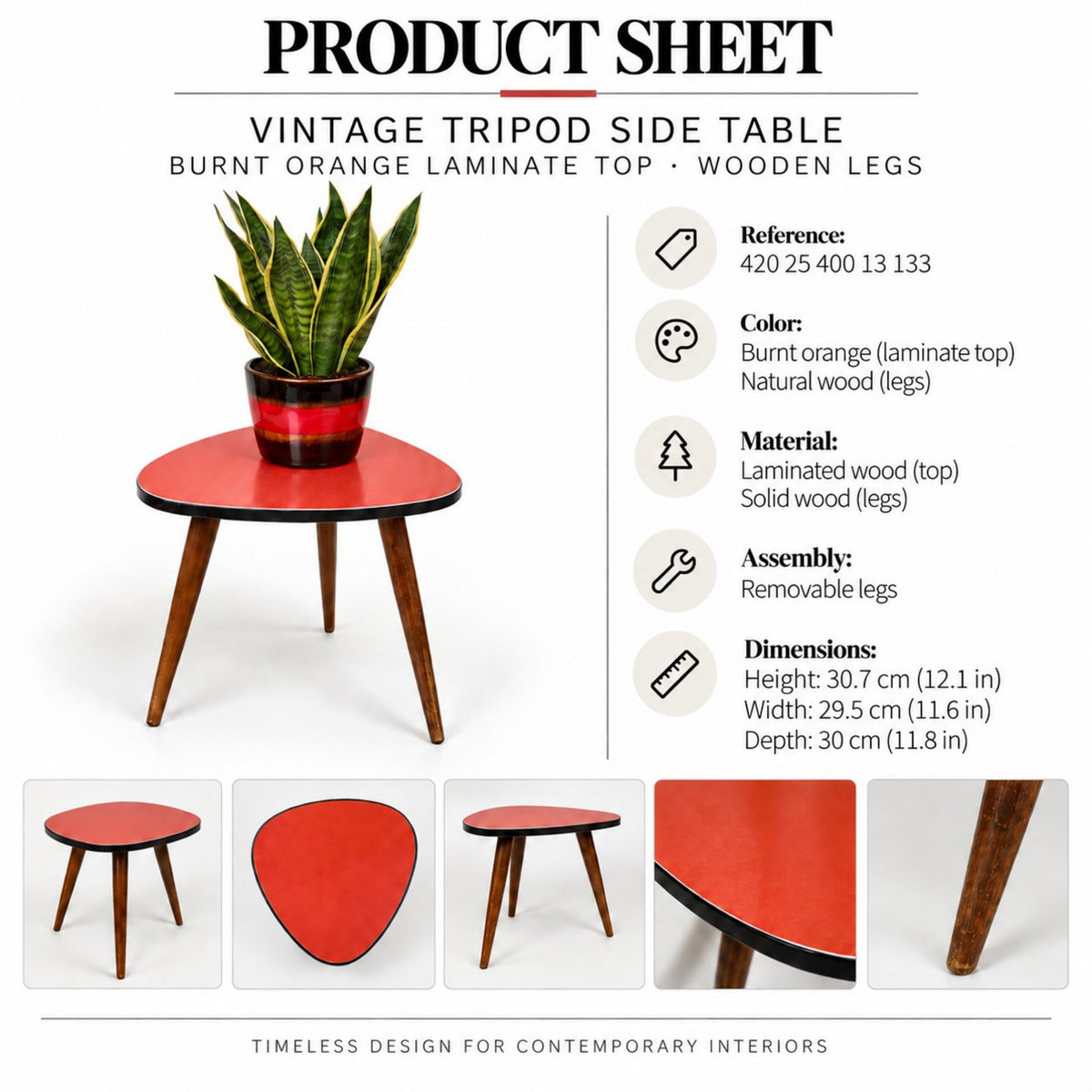 Product sheet of vintage tripod side table
