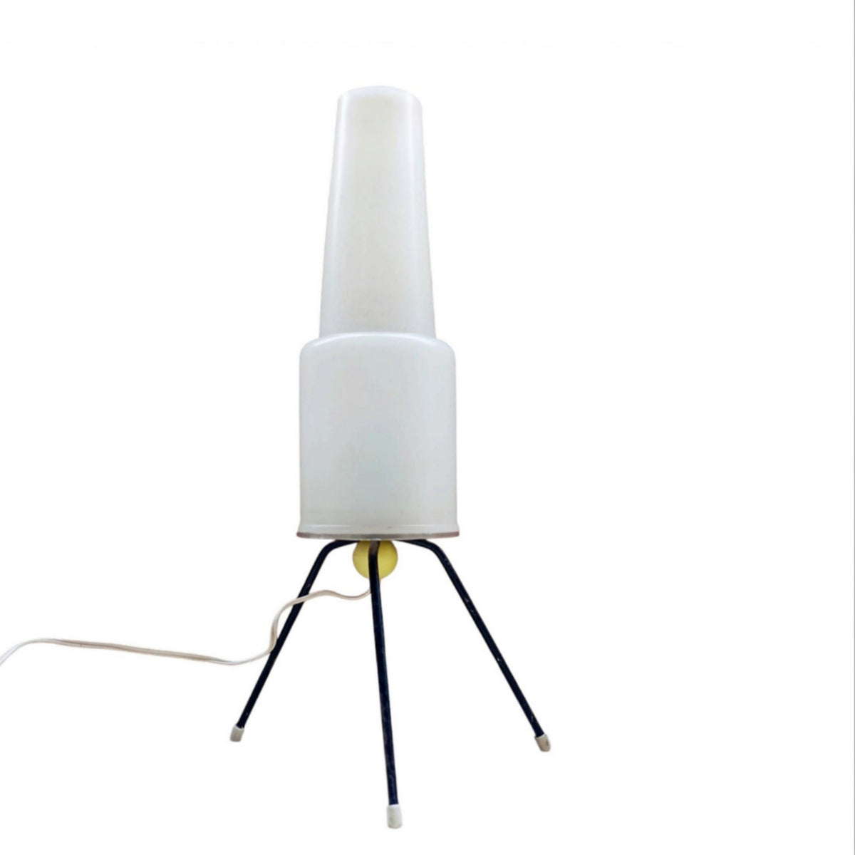 Front view of the opal lamp with three black-finished legs