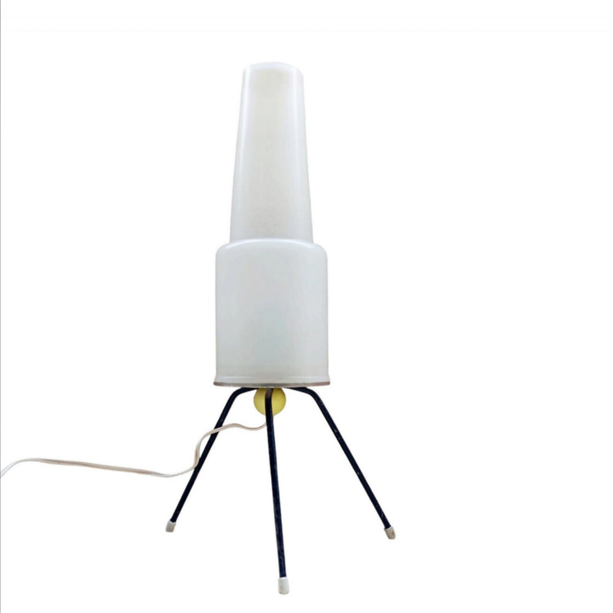 Front view of the opal lamp with three black-finished legs