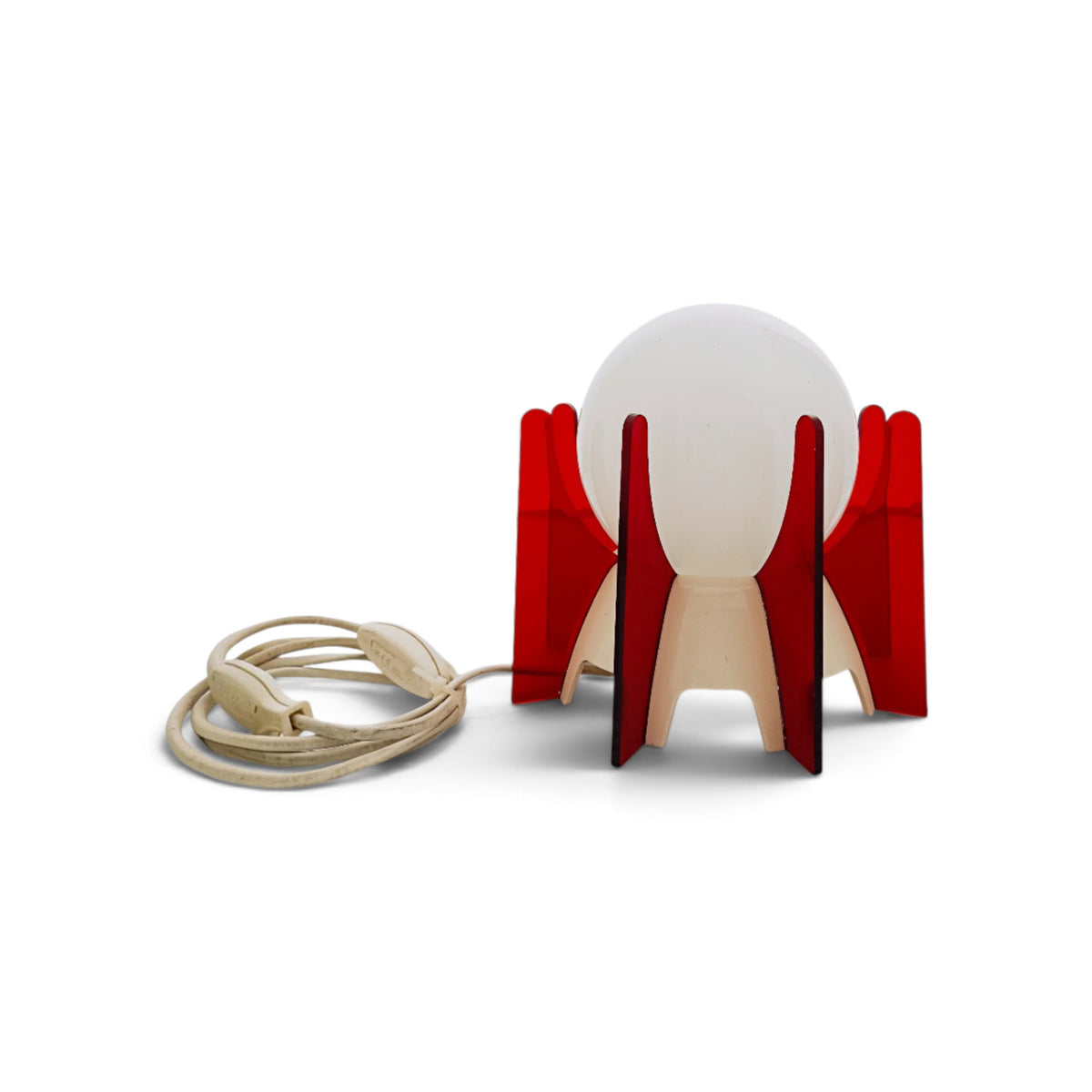 Red acrylic and white opaline glass IXO table lamp, front view on white.