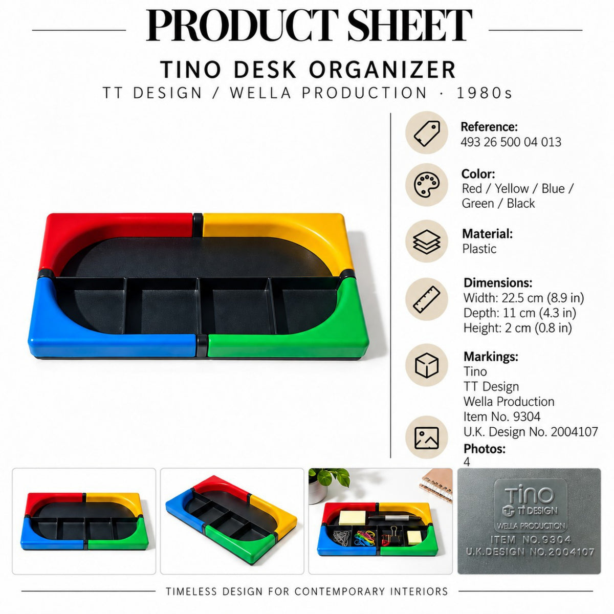 Product information sheet showing the Tino desk organiser, dimensions, colours and markings
