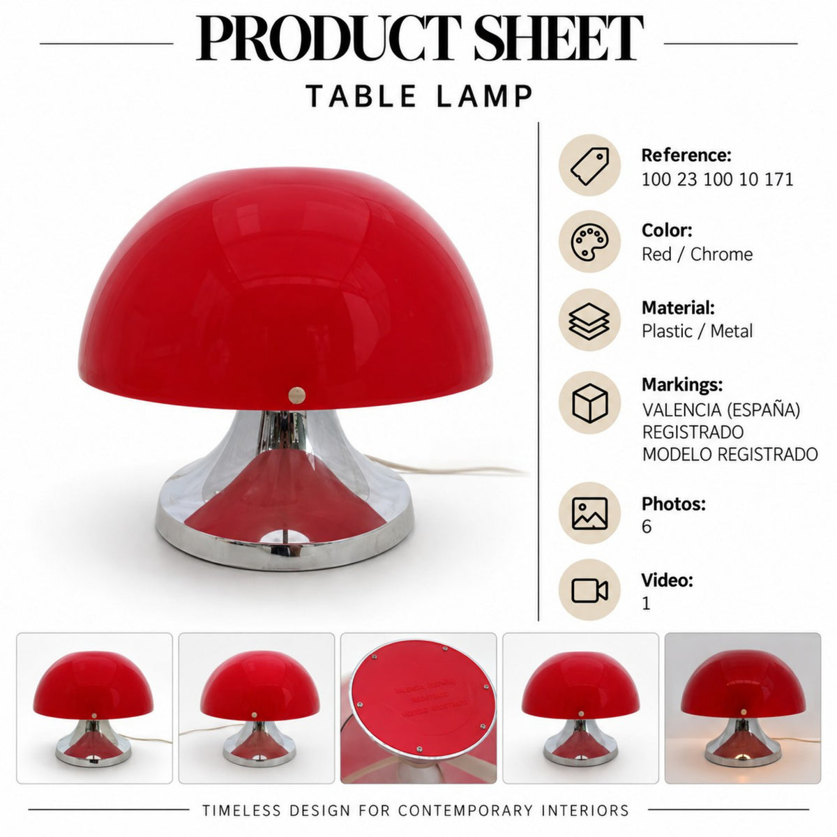 Product sheet for red IXO table lamp showing dimensions, materials, markings and available photographs
