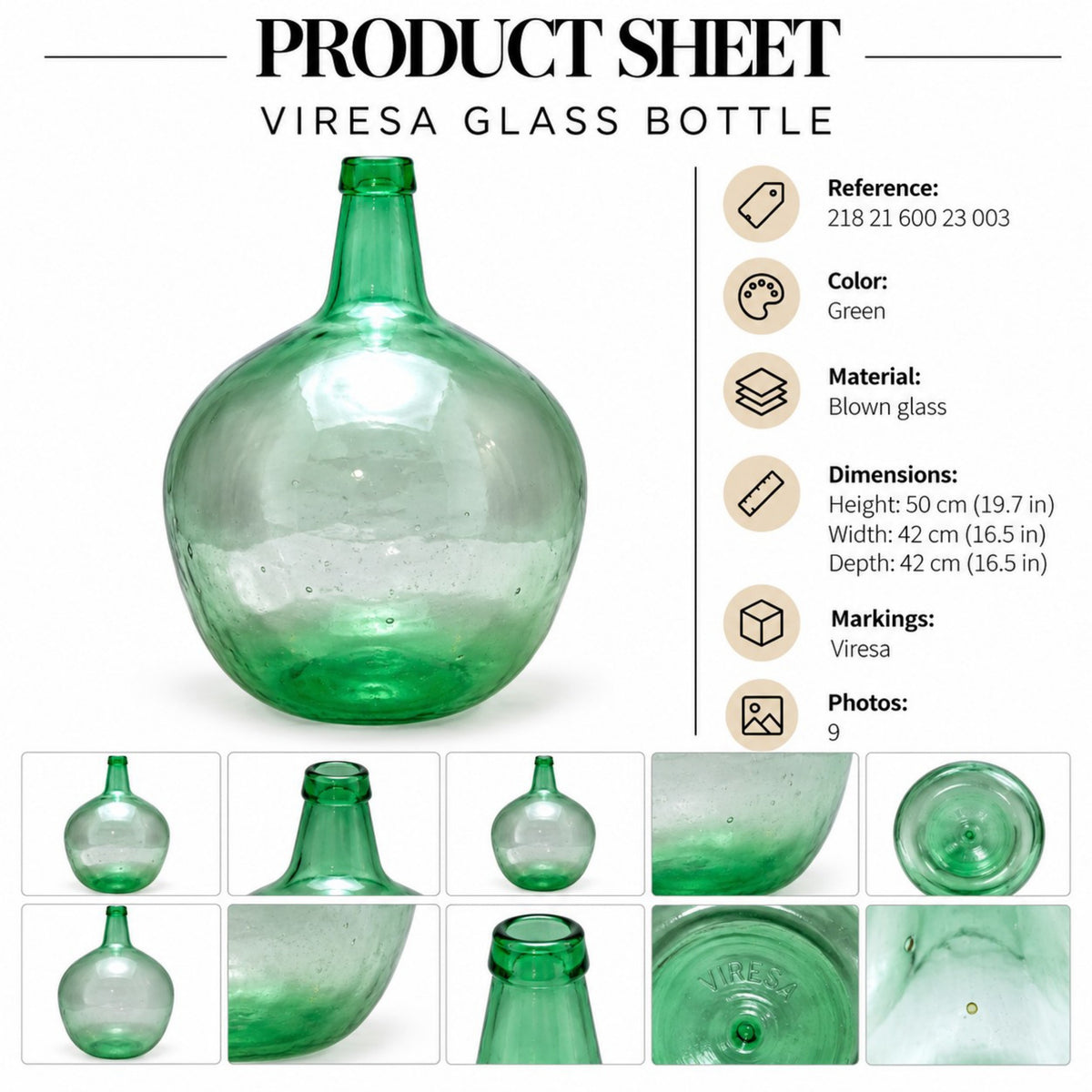 Garrafa de vidrio verde grande Viresa, 20L, mediados del siglo XX