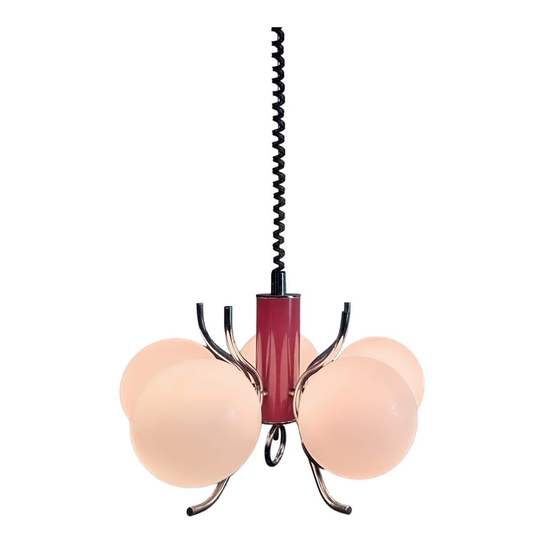 Illuminated Mid-century pendant lamp with five opaline glass shades