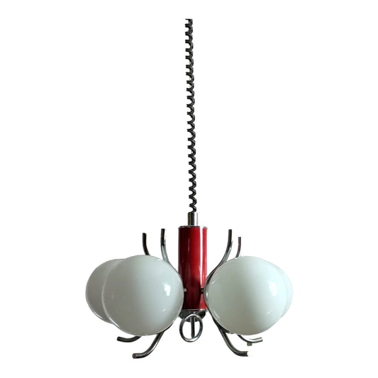 Vintage ceiling pendant with chromed metal and red details