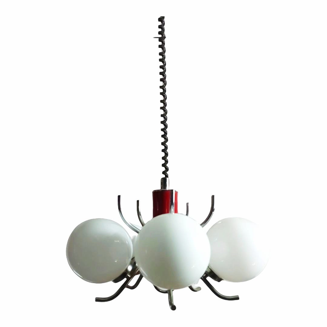 Vintage ceiling pendant with chromed metal and red details