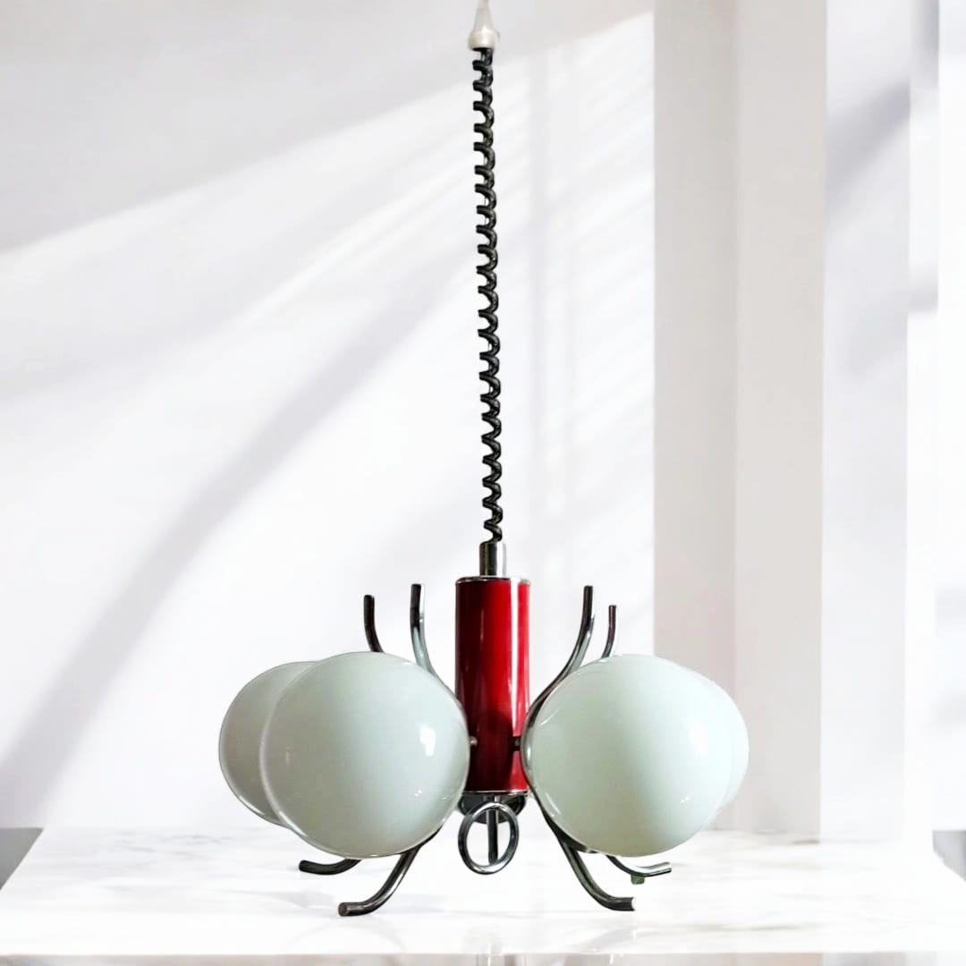 Vintage ceiling pendant with chromed metal and red details