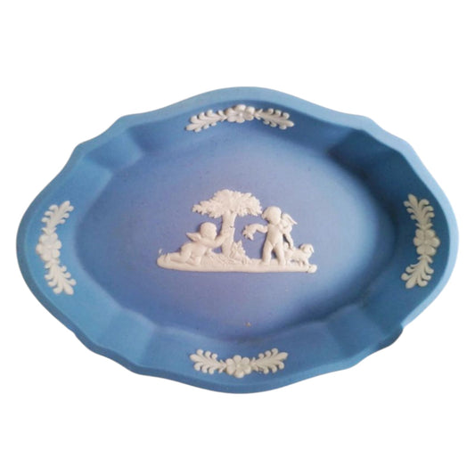 Vintage Wedgwood blue Jasperware oval trinket dish with white cherub relief