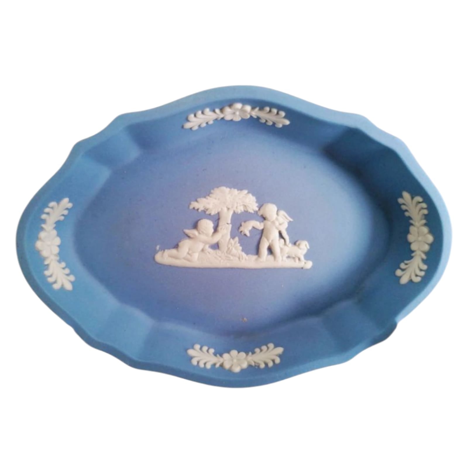 Front view of the blue Wedgwood trinket dish with white neoclassical relief