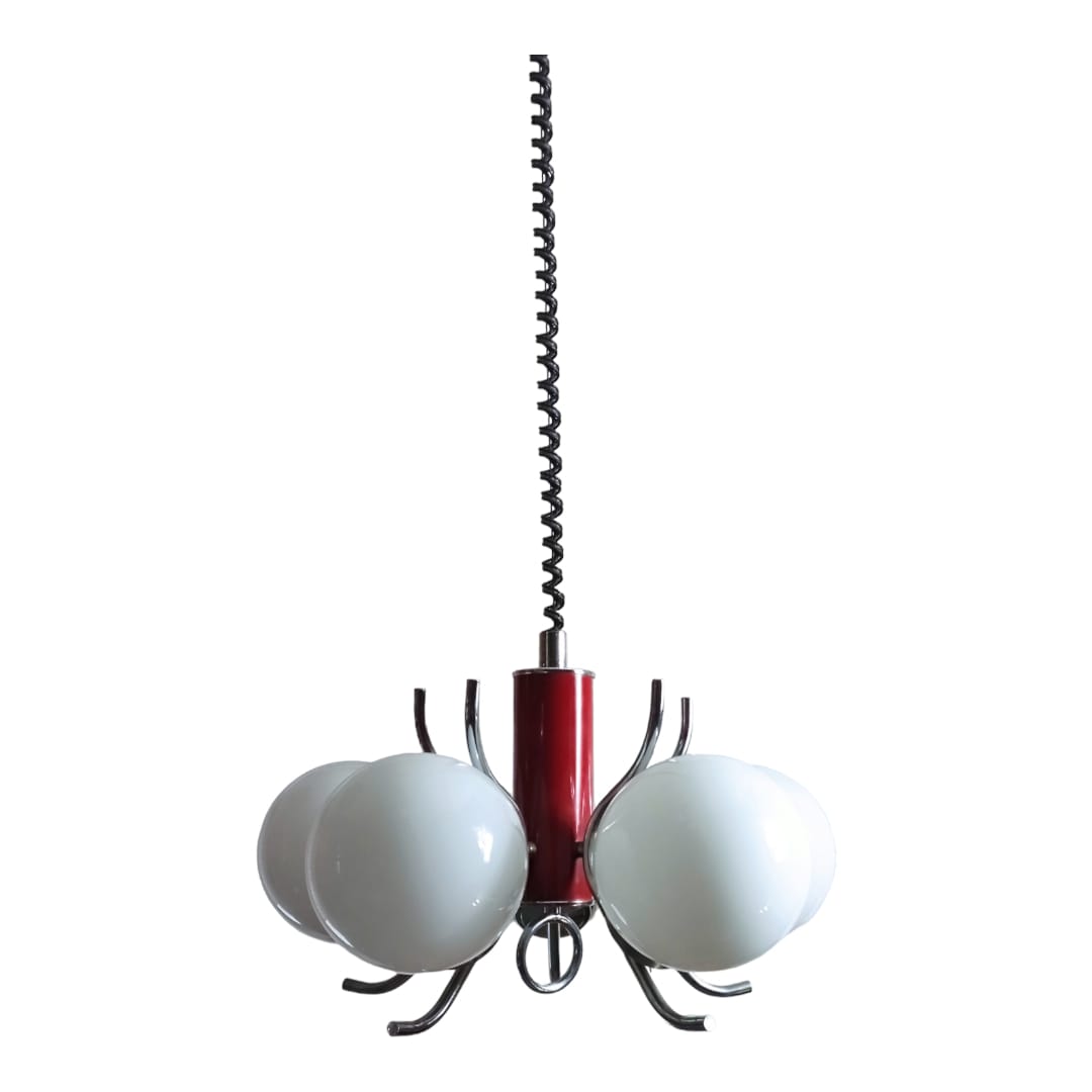 Vintage ceiling pendant with chromed metal and red details