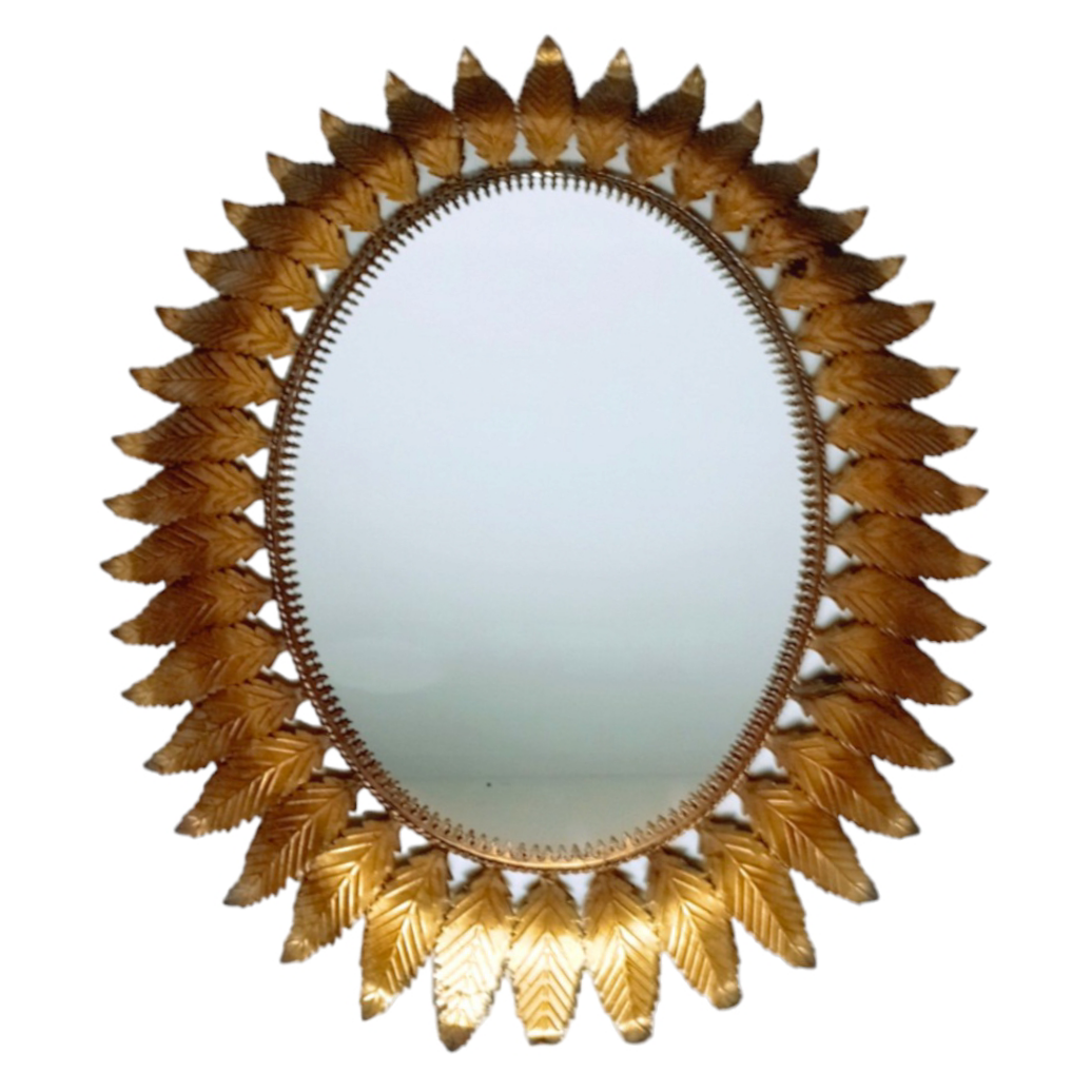 Oval Sunburst Leaf Mirror in Gold-Toned Metal, Spain, 1950s–60s