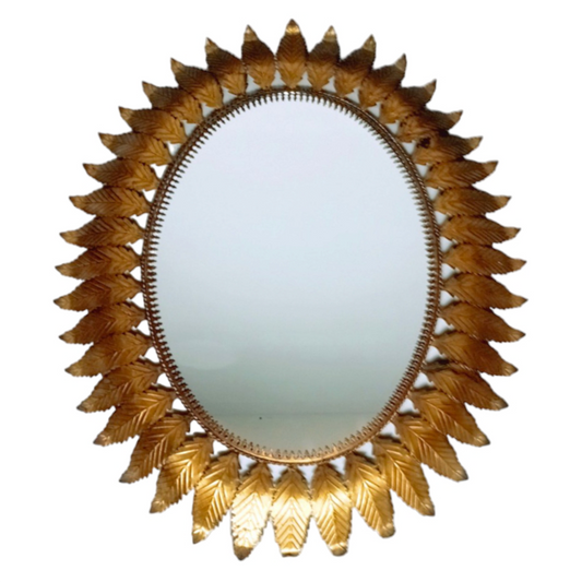 Oval Sunburst Leaf Mirror in Gold-Toned Metal, Spain, 1950s–60s
