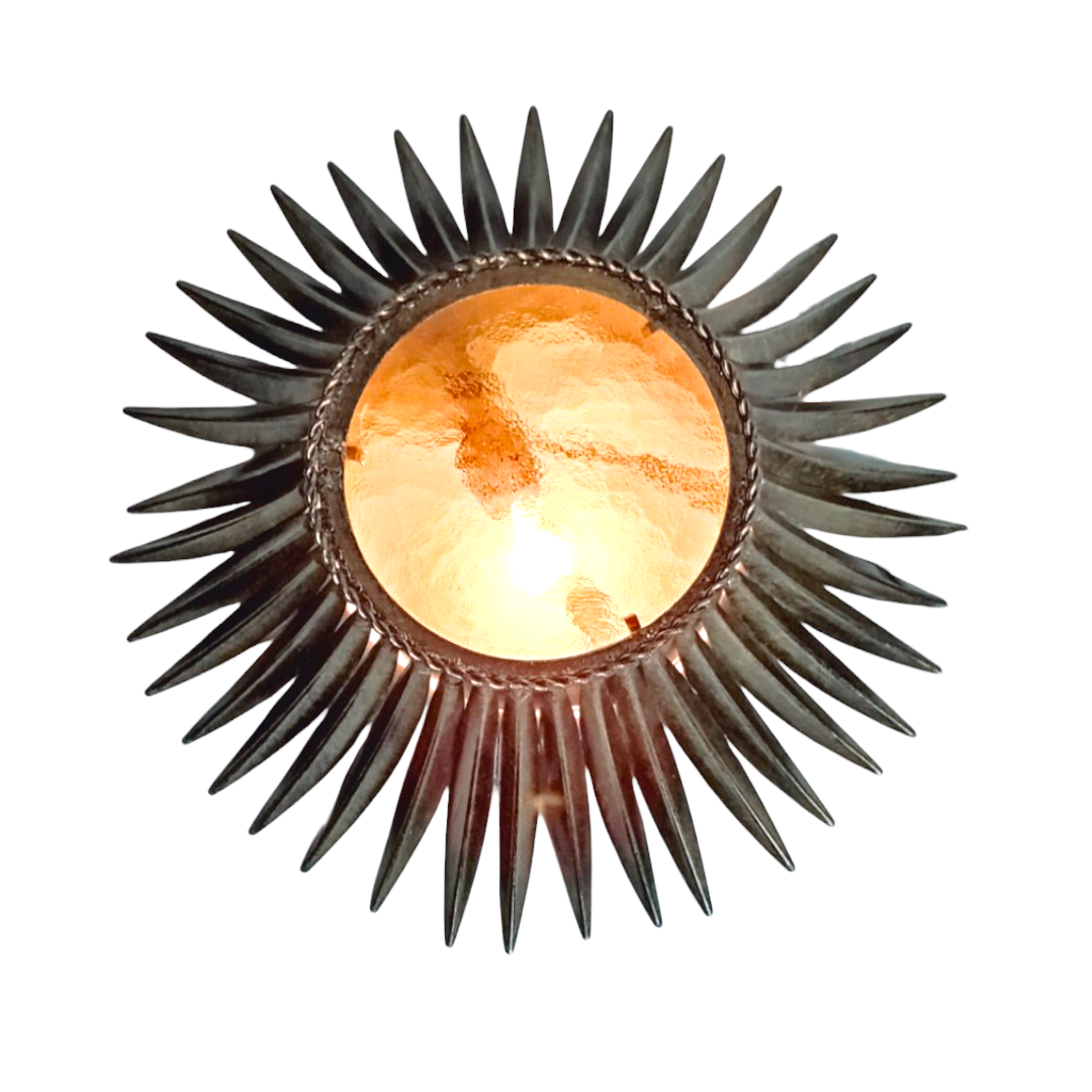 Mid-century Sunburst lamp in patinated metal, front view