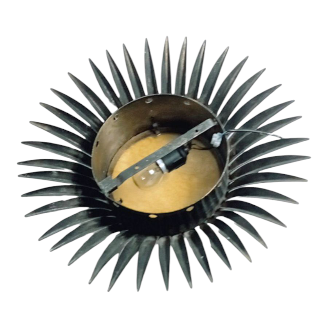 1950s Sunburst lamp with golden glass and radiating metal design. Real view. Cable detail