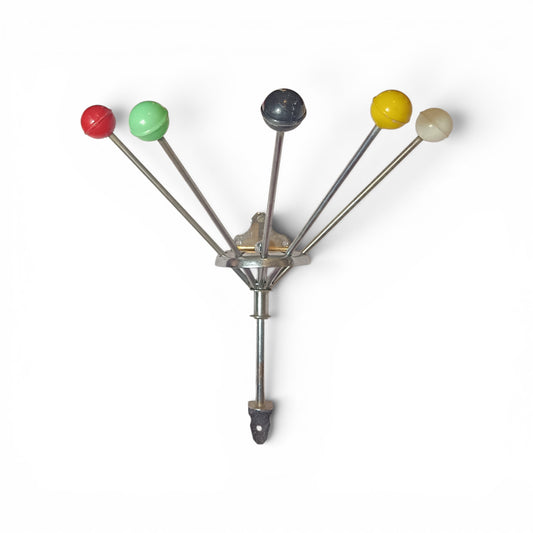 Spanish Mid-Century Wall Coat Rack with Coloured Ball Hooks