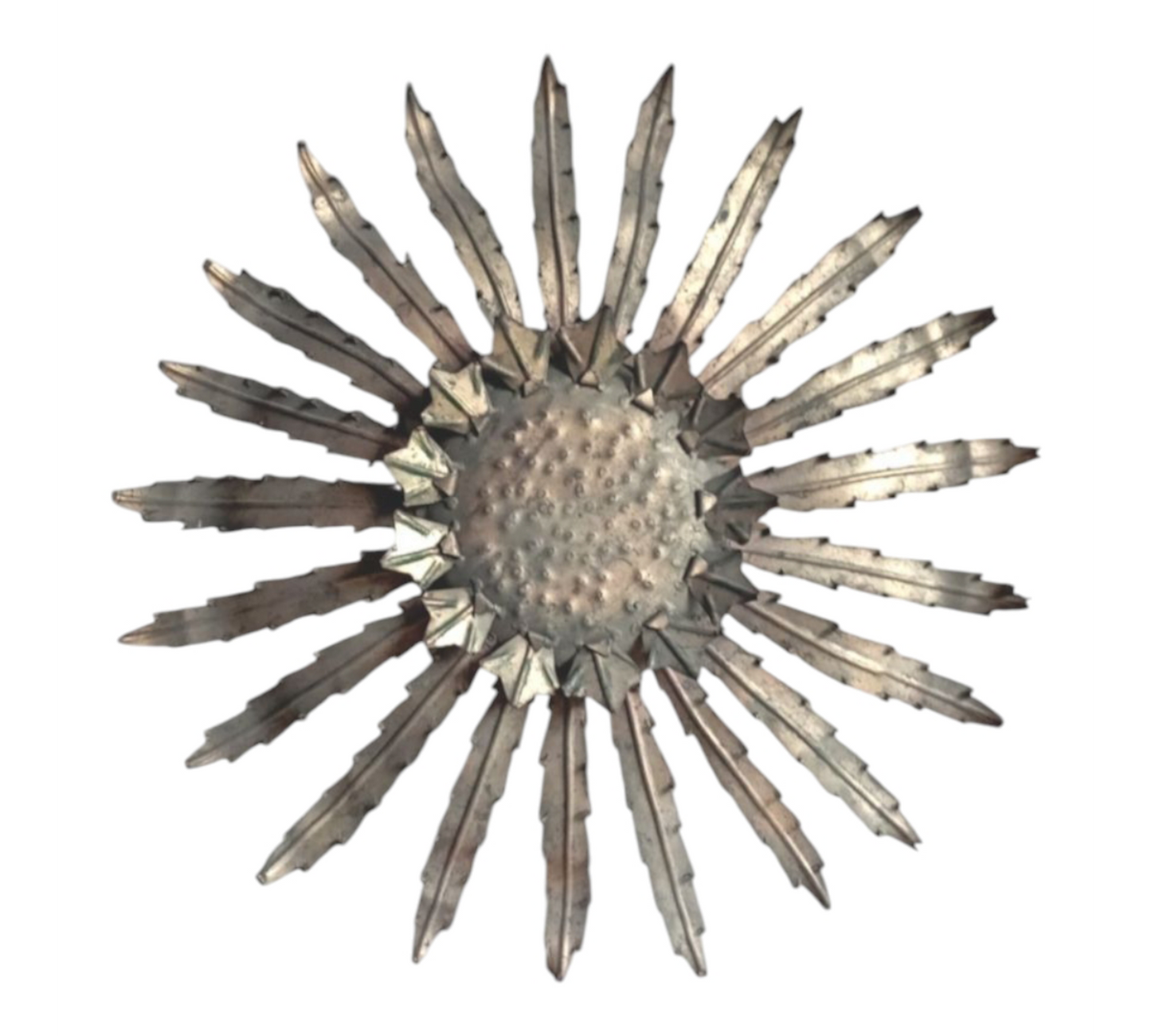 Vintage iron Sunburst lamp with radial metal rays, full view