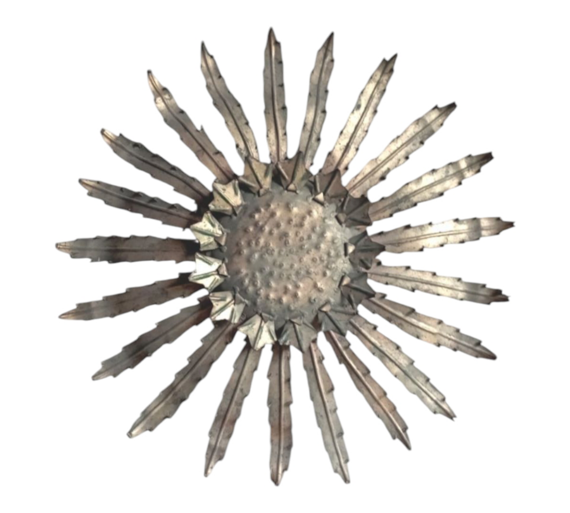 Vintage iron Sunburst lamp with radial metal rays, full view