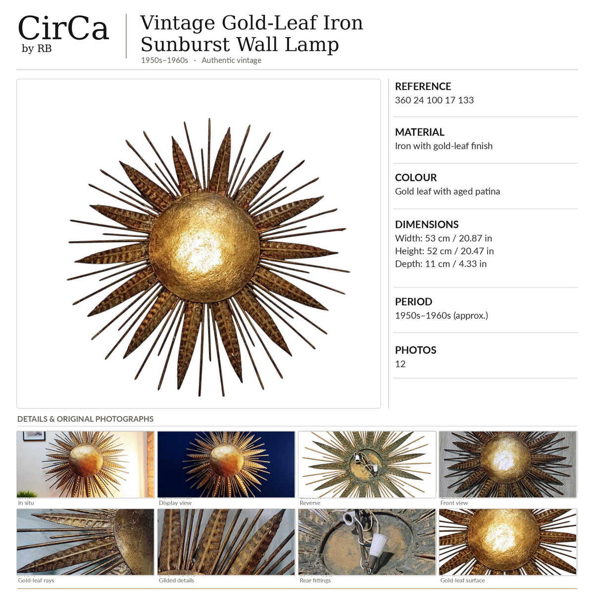 Vintage Gold-Toned Sunburst Wall/Ceiling Light with Textured Dome