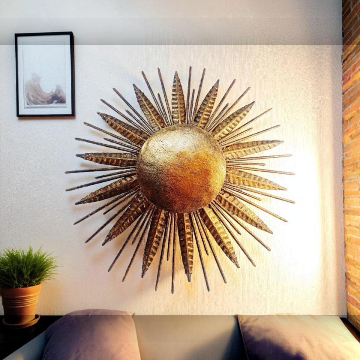 Vintage sunburst wall light displayed on a wall above a sofa