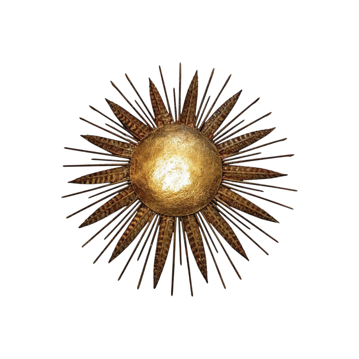 Front view of the vintage gold-toned sunburst wall light on a white background.
