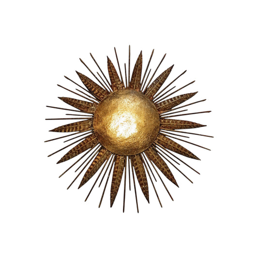 Front view of the vintage gold-toned sunburst wall light on a white background.